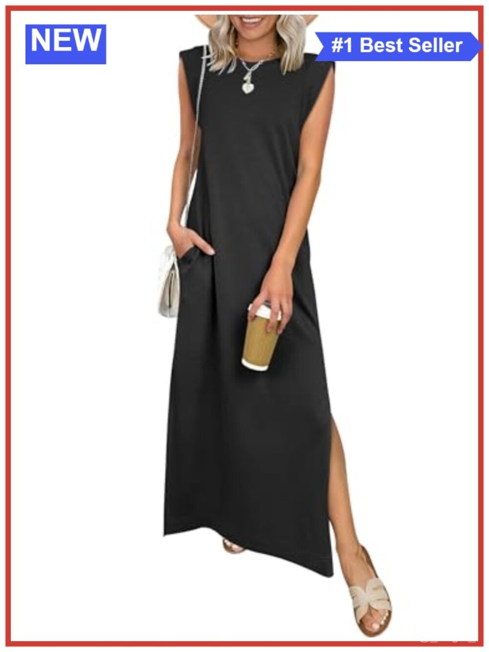 Womens Summer Maxi Dress Wrinkle Free Sundress with Pockets Sleeveless Crew Neck